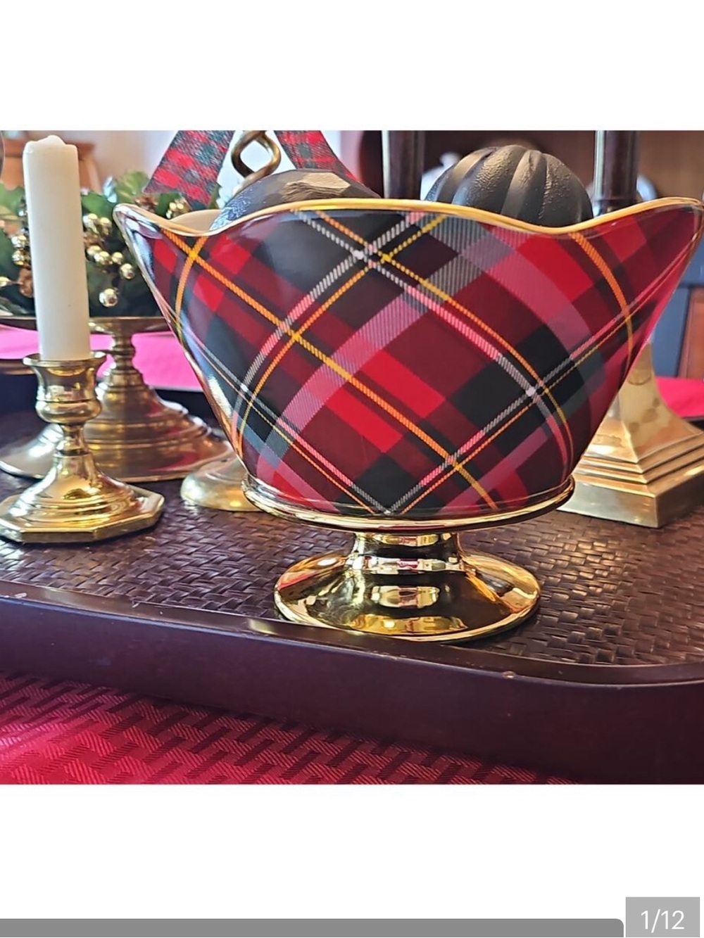 Vintage Teleflora Tartan Pedestal Decorative plaid porcelain Bowl with Gold Trim